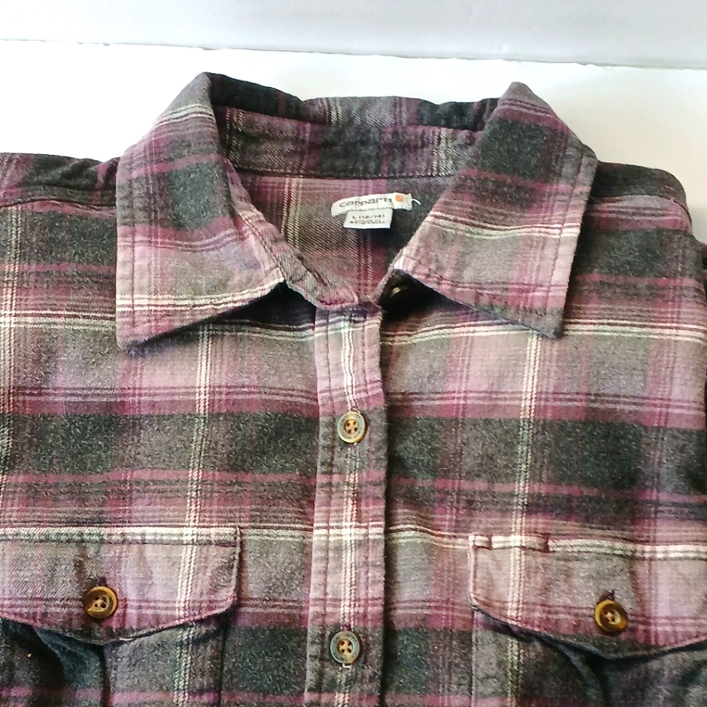 Women's CARHARTT FLANNEL SHIRT | Size 12- 14 Burgundy/ Gray Plaid Grunge